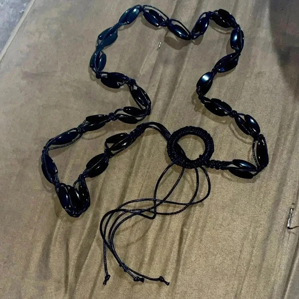 Vintage boho beaded macrame black belt
